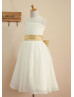 Sheer Neck Ivory Chiffon Wedding Flower Girl Dress